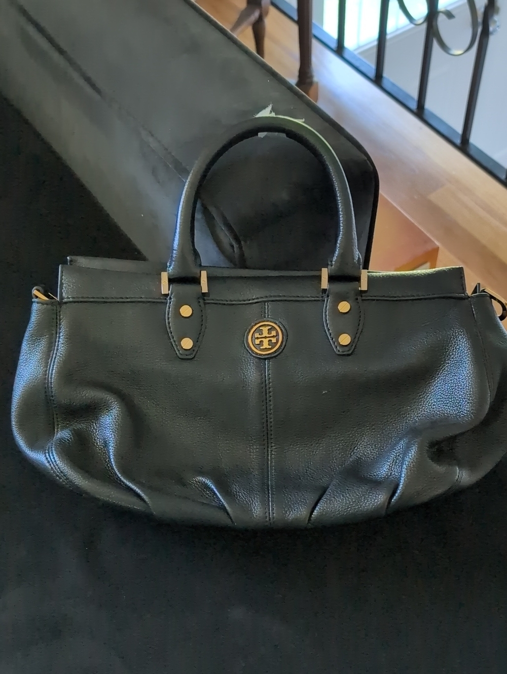Tory Burch Black Pebbled Leather Satchel Tote – Gold Hardware – Classic Logo